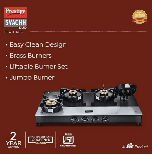 Prestige Svachh Duo GTSD 04 L Toughened Glass with Liftable 4 Burners Gas Stove, Black, Manual Ignition - Image 3